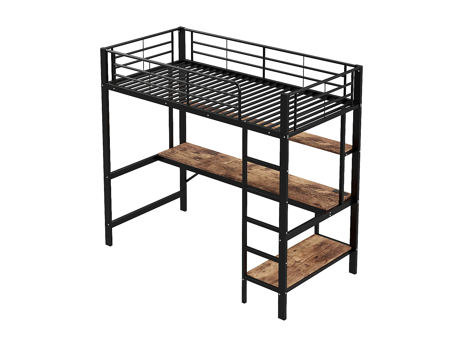 Cama alta de 90x200 cm - Cama para adultos con puerto USB e iluminación LED - escritorio bajo la cama - negro - metal