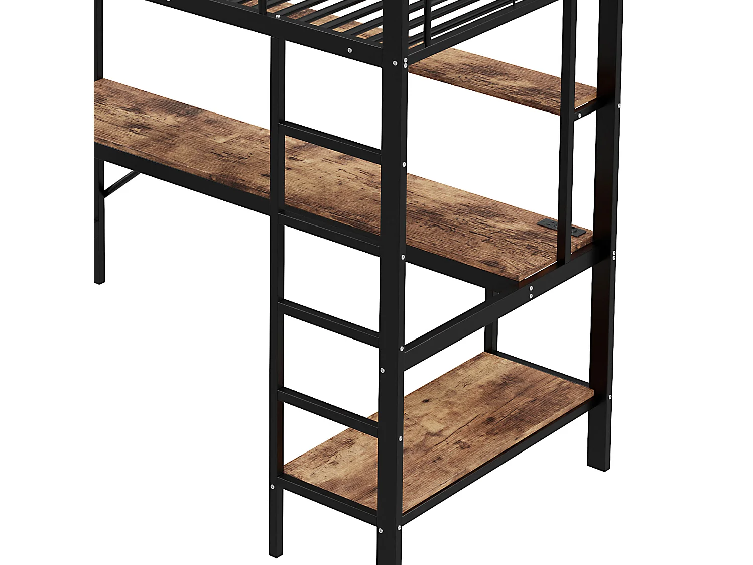 Cama alta de 90x200 cm - Cama para adultos con puerto USB e iluminación LED - escritorio bajo la cama - negro - metal