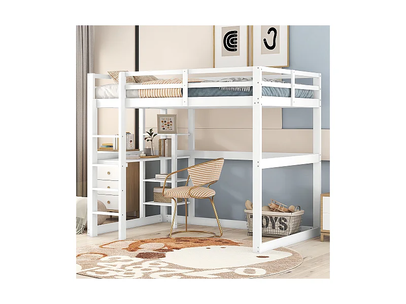 Cama alta 140x200 cm - Cama infantil con escritorio y estantería - pino - blanco