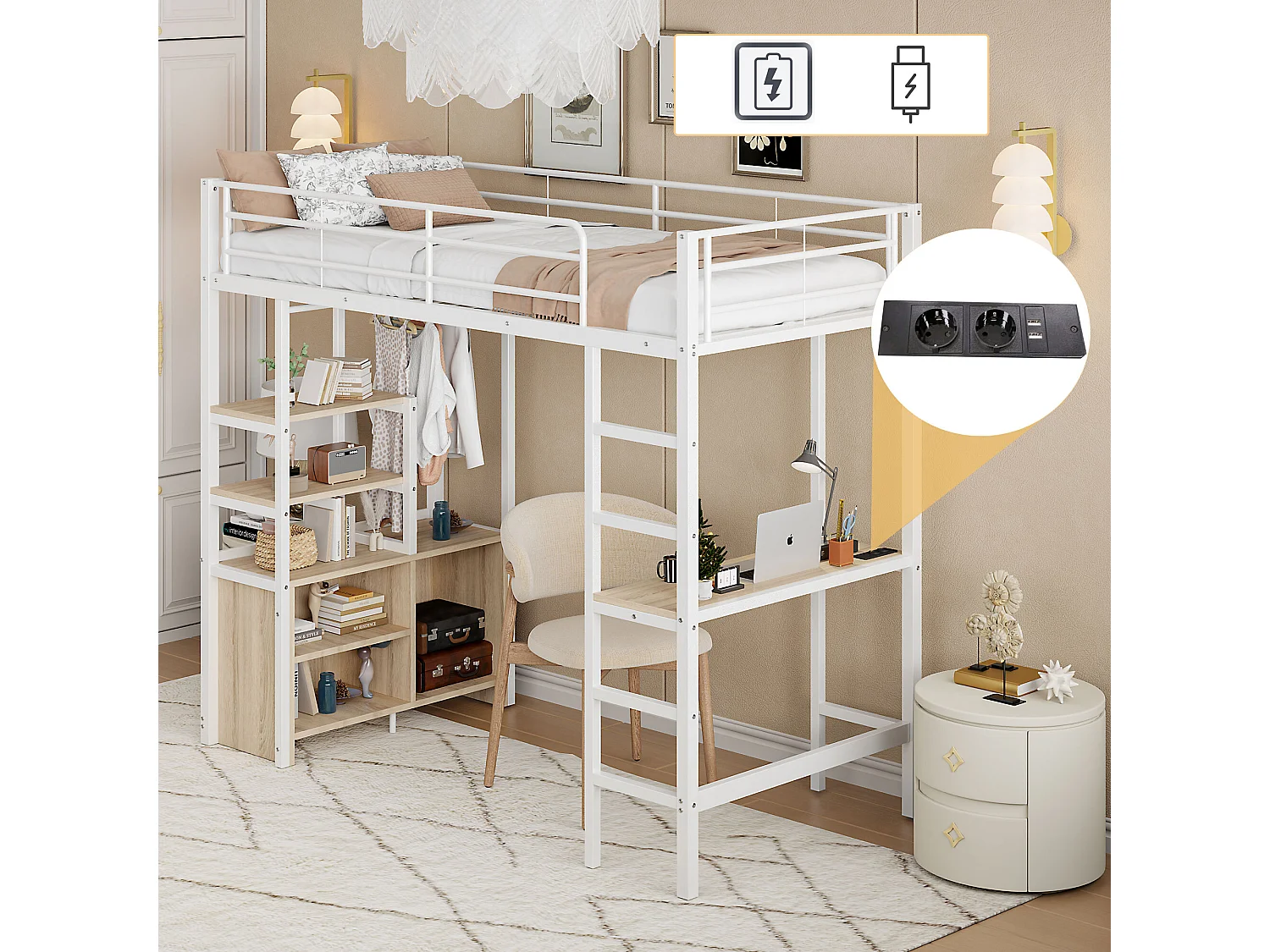 Lit mezzanine 90x200 cm - Lit adulte avec bureau et étagère de rangement - prise de charge - blanc