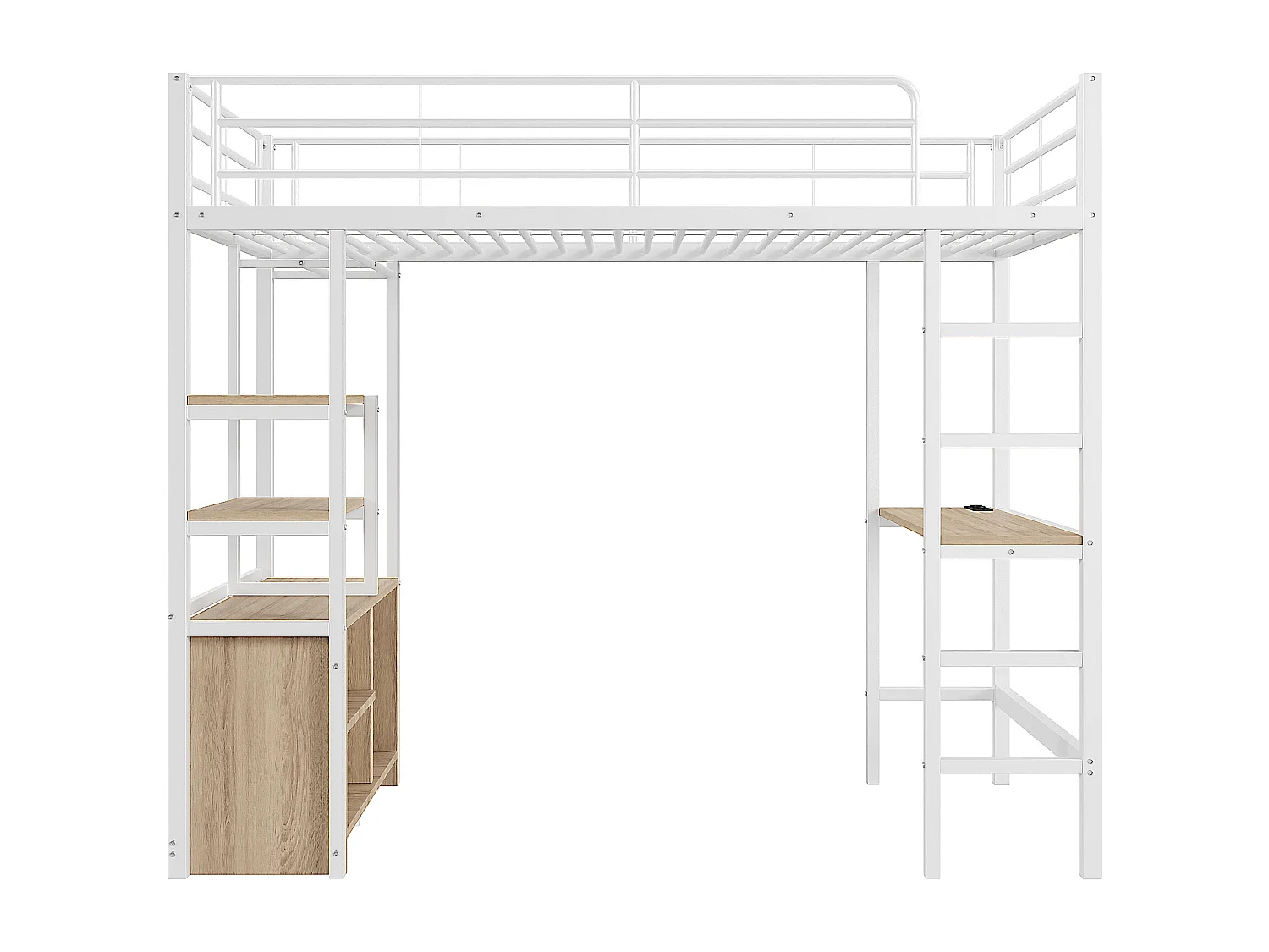 Lit mezzanine 90x200 cm - Lit adulte avec bureau et étagère de rangement - prise de charge - blanc