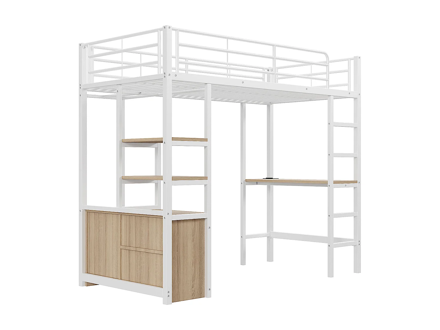 Lit mezzanine 90x200 cm - Lit adulte avec bureau et étagère de rangement - prise de charge - blanc