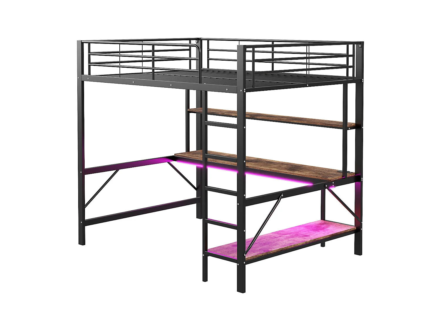 Letto a soppalco 140x200 cm - Letto per adulti con porta USB e illuminazione a LED - scrivania sotto il letto - nero - metallo