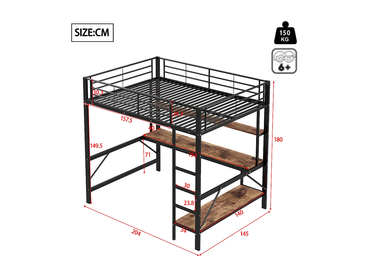 Letto a soppalco 140x200 cm - Letto per adulti con porta USB e illuminazione a LED - scrivania sotto il letto - nero - metallo