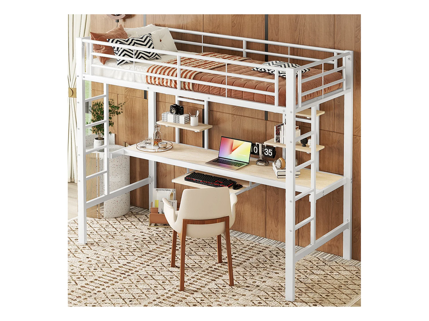 Lit mezzanine 90x200 cm - Lit adulte avec bureau et étagère de rangement - métal - blanc