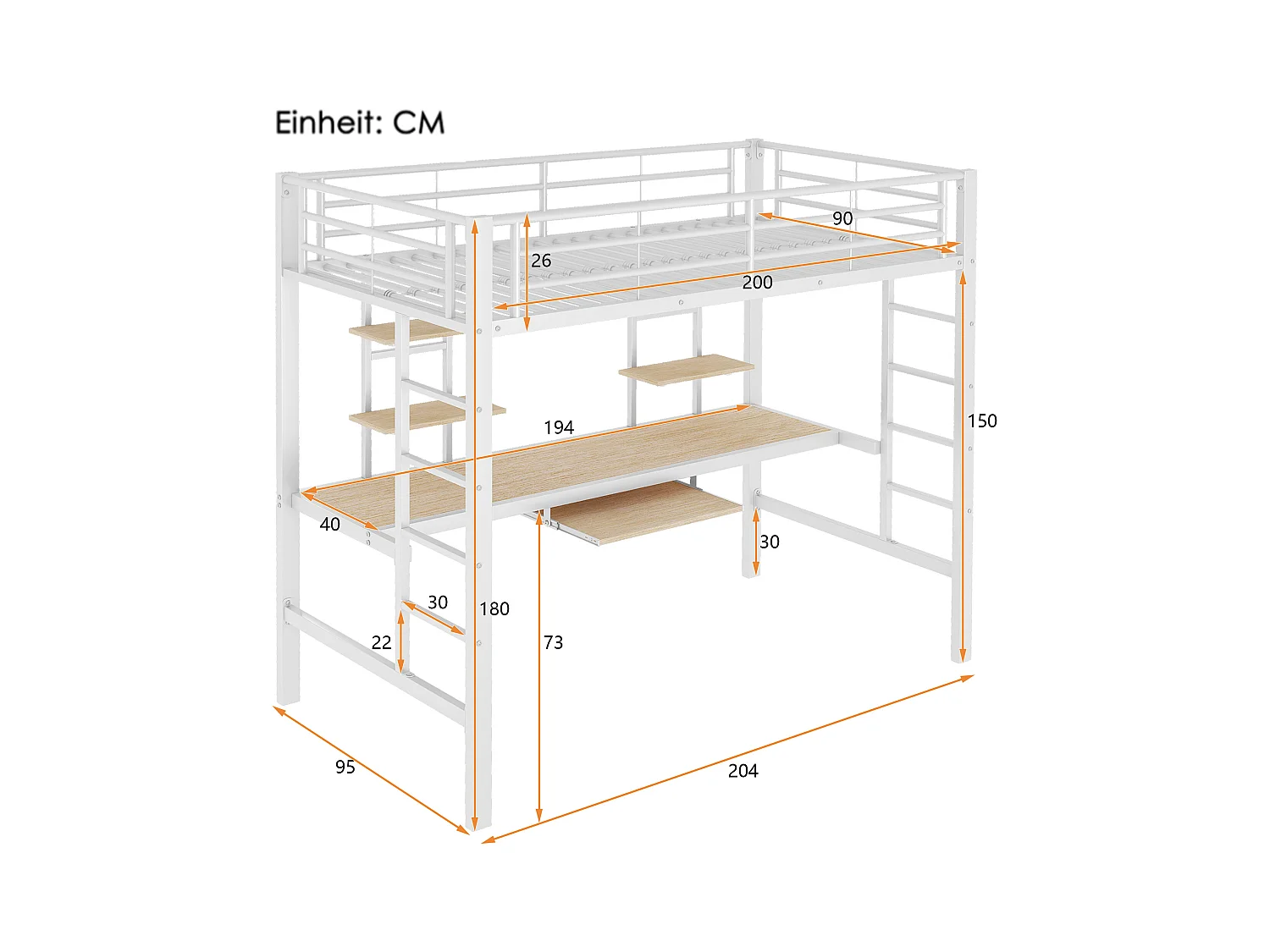 Lit mezzanine 90x200 cm - Lit adulte avec bureau et étagère de rangement - métal - blanc