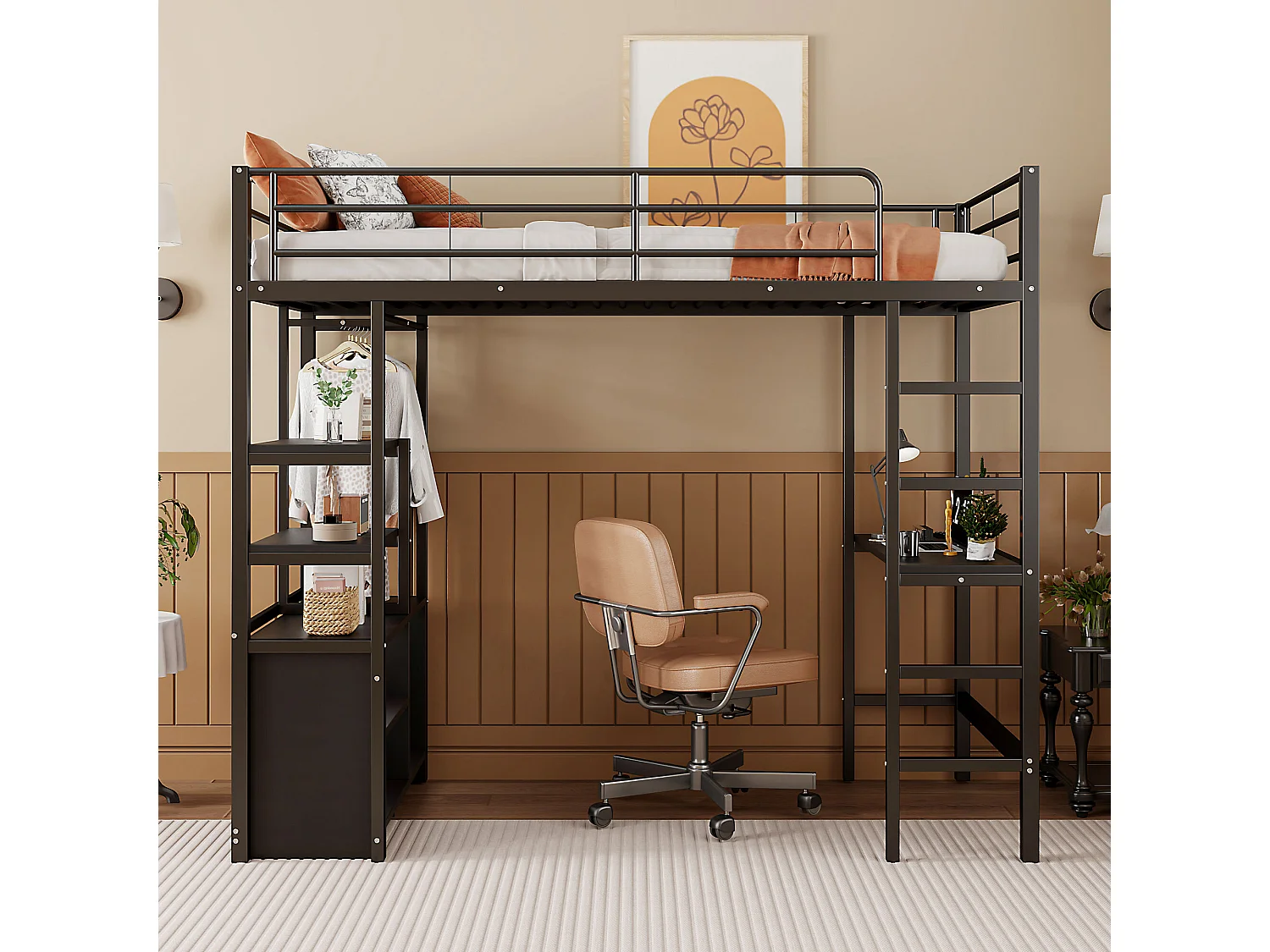 Letto a soppalco 90x200 cm - Letto per adulti con scrivania e ripiano portaoggetti - presa di ricarica - nero