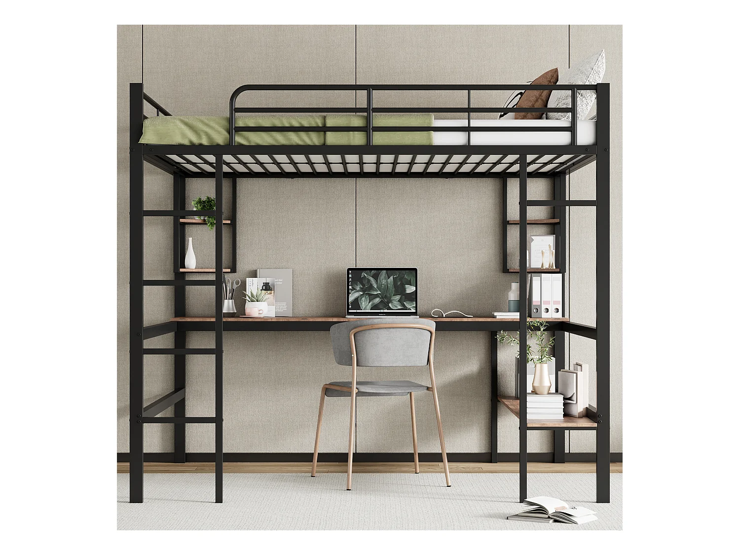 Cama alta 140x200 cm - Cama para adultos con escritorio y estantes - metal - negro - sin colchón