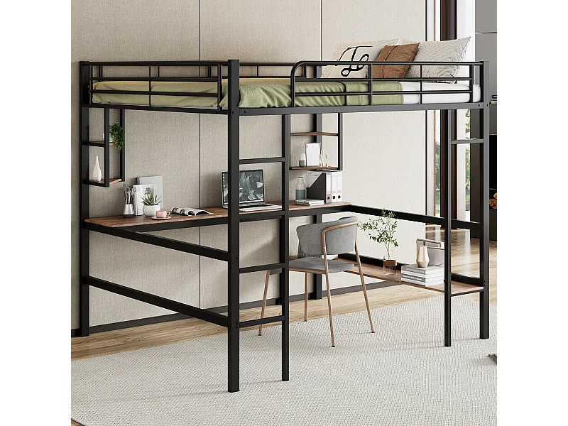 Lit mezzanine 140x200 cm - Lit adulte avec bureau et étagères - métal - noir - sans matelas