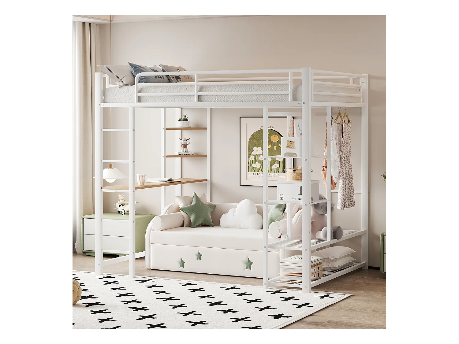 Cama alta de 90x200 cm - Cama individual con mesa y estante de almacenamiento - blanco - metal - sin colchón