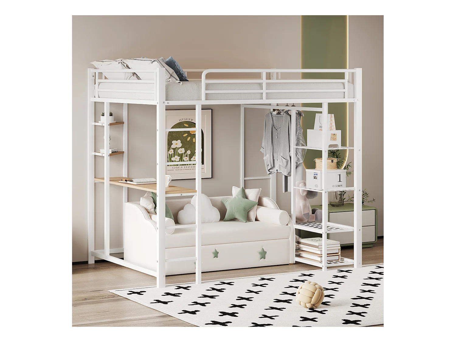 Cama alta de 90x200 cm - Cama individual con mesa y estante de almacenamiento - blanco - metal - sin colchón