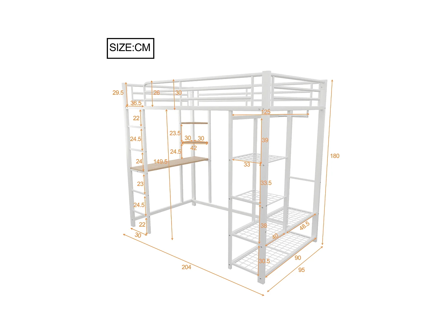 Cama alta de 90x200 cm - Cama individual con mesa y estante de almacenamiento - blanco - metal - sin colchón