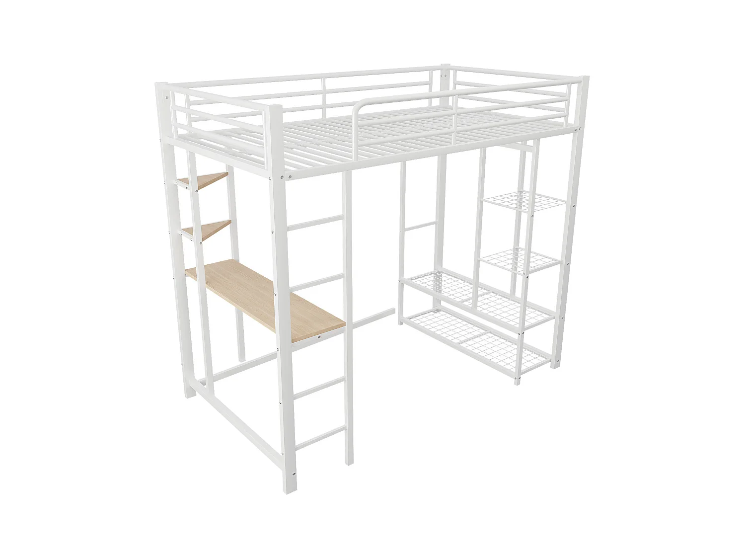 Cama alta de 90x200 cm - Cama individual con mesa y estante de almacenamiento - blanco - metal - sin colchón