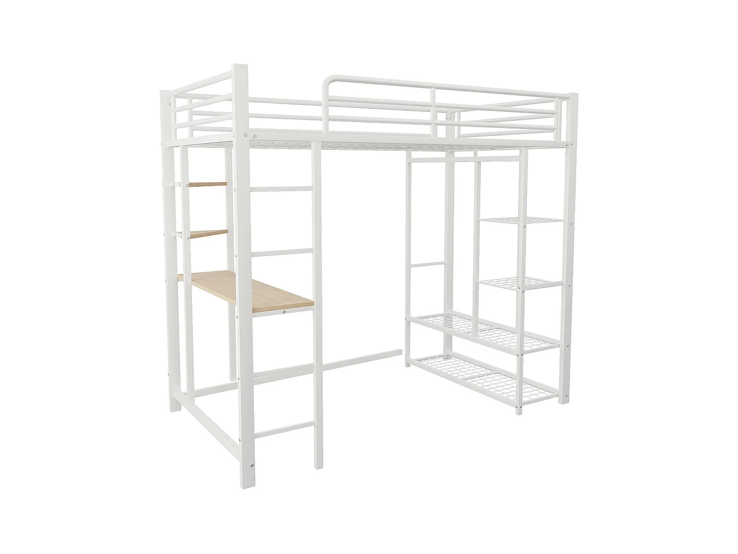 Cama alta de 90x200 cm - Cama individual con mesa y estante de almacenamiento - blanco - metal - sin colchón