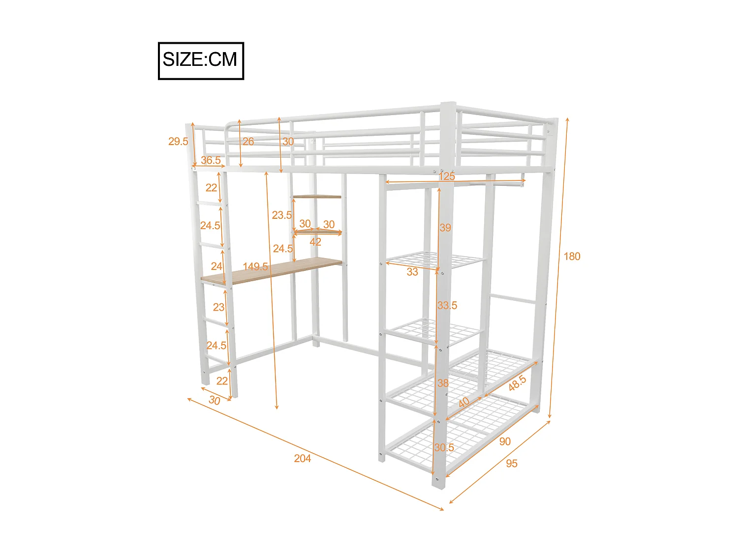 Lit mezzanine 90x200 cm - Lit simple avec table et étagère de rangement - blanc - métal - sans matelas
