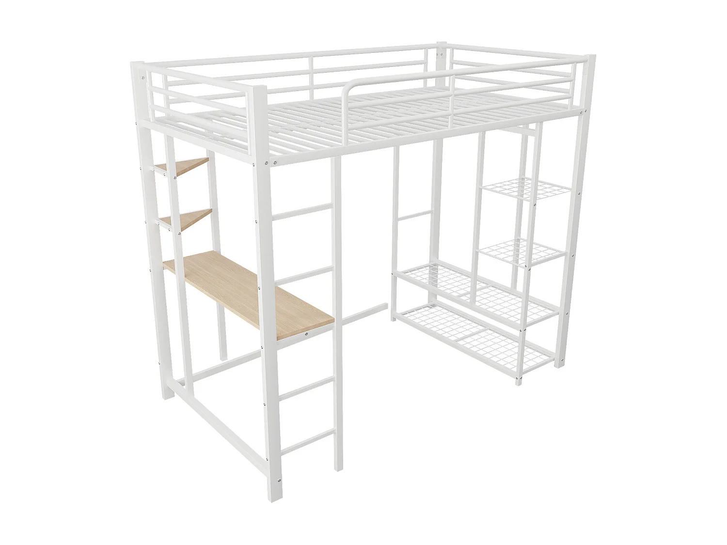 Lit mezzanine 90x200 cm - Lit simple avec table et étagère de rangement - blanc - métal - sans matelas