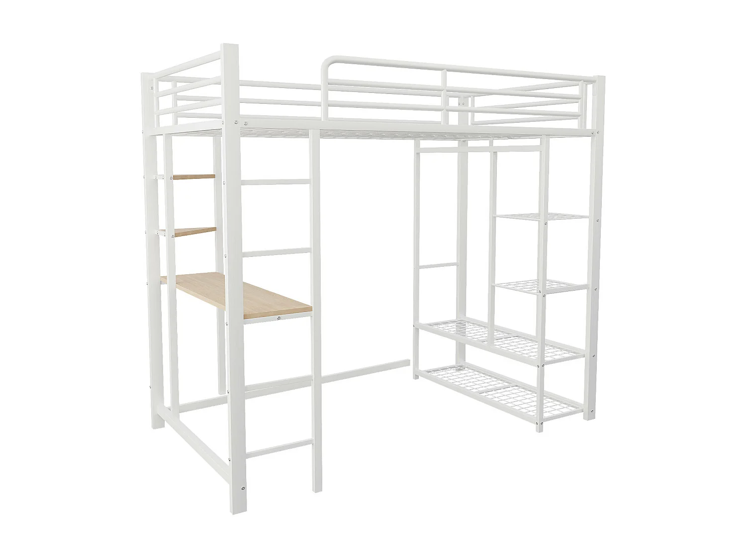Lit mezzanine 90x200 cm - Lit simple avec table et étagère de rangement - blanc - métal - sans matelas