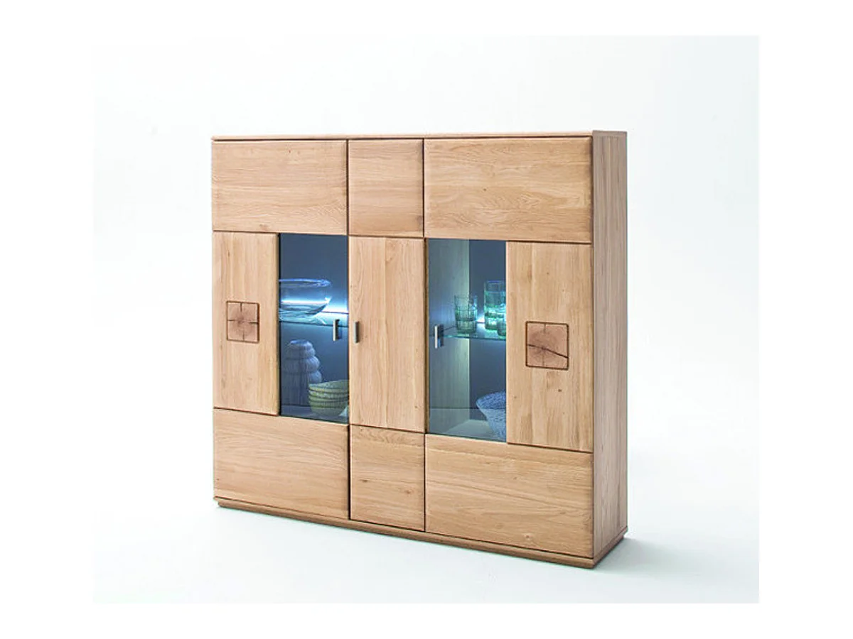 Vaisselier / Buffet en bois chêne massif bianco + LED - L.150 x H.141 x P.38 cm