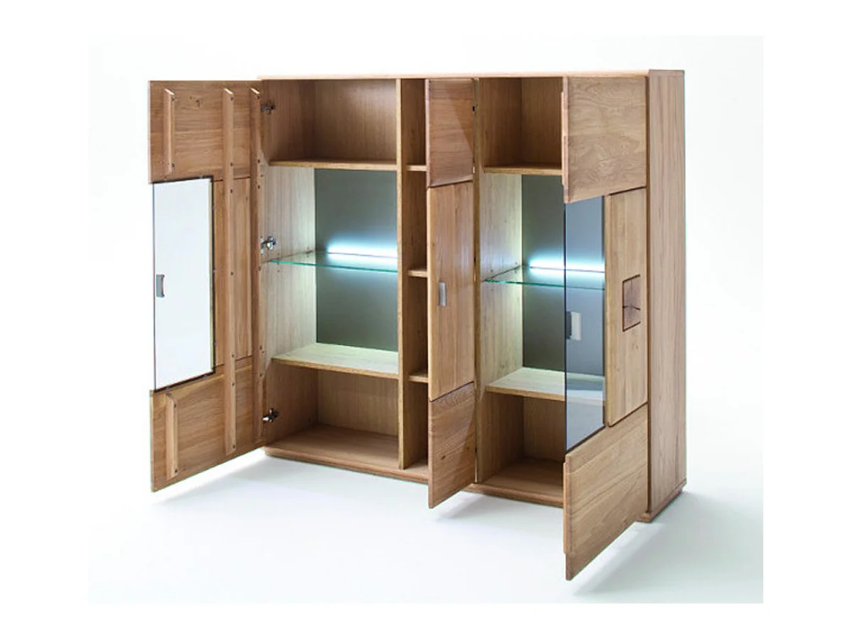 Vaisselier / Buffet en bois chêne massif bianco + LED - L.150 x H.141 x P.38 cm