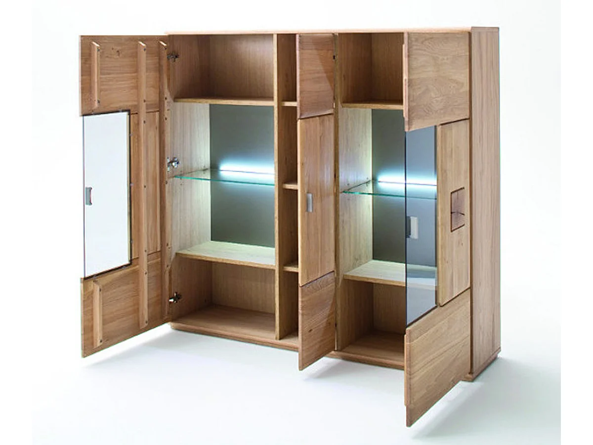 Vaisselier / Buffet en bois chêne massif bianco + LED - L.150 x H.141 x P.38 cm