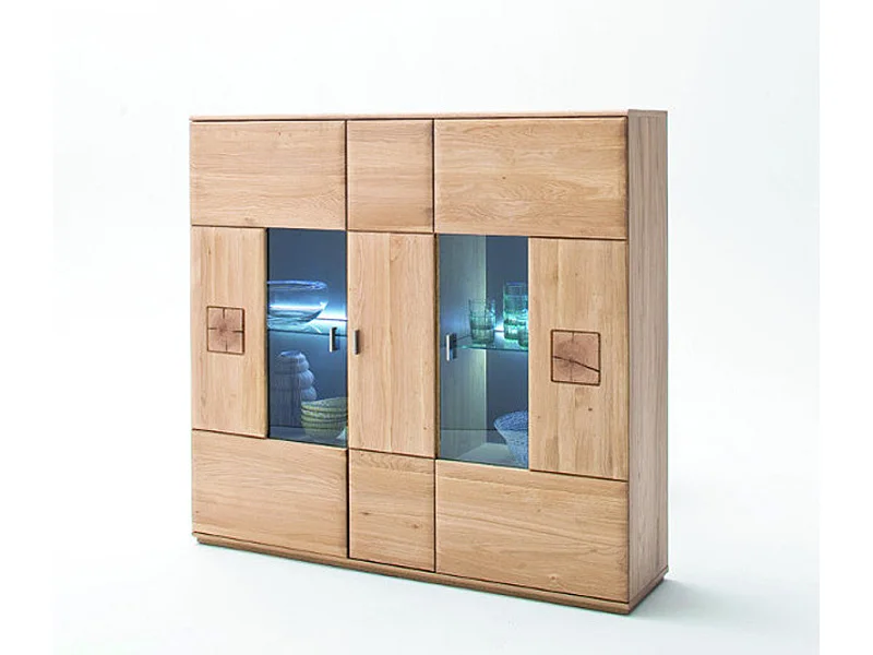 Vaisselier / Buffet en bois chêne massif bianco + LED - L.150 x H.141 x P.38 cm