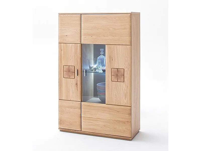 Buffet haut / Vaisselier droite en chêne bianco massif + LED - L.90 x H.141 x P.38 cm