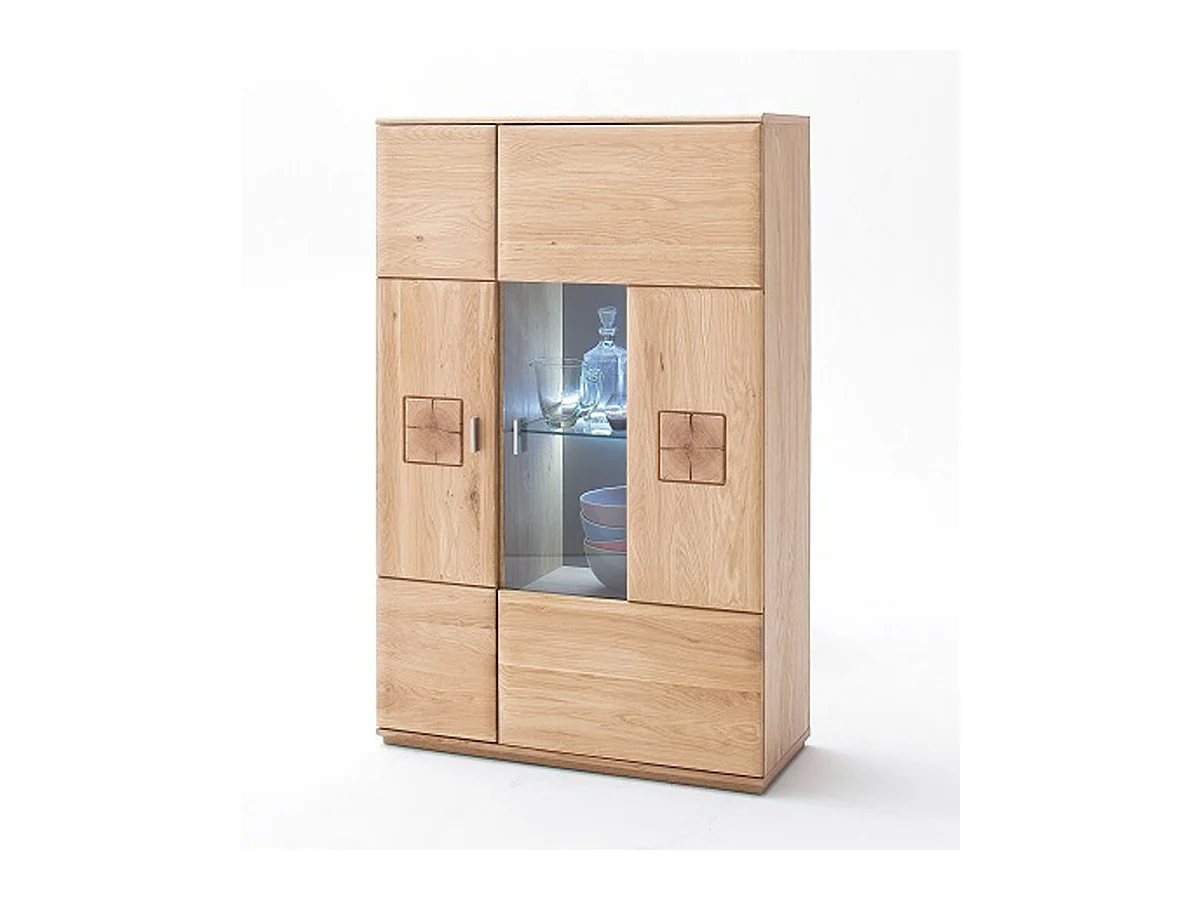 Buffet haut / Vaisselier droite en chêne bianco massif + LED - L.90 x H.141 x P.38 cm