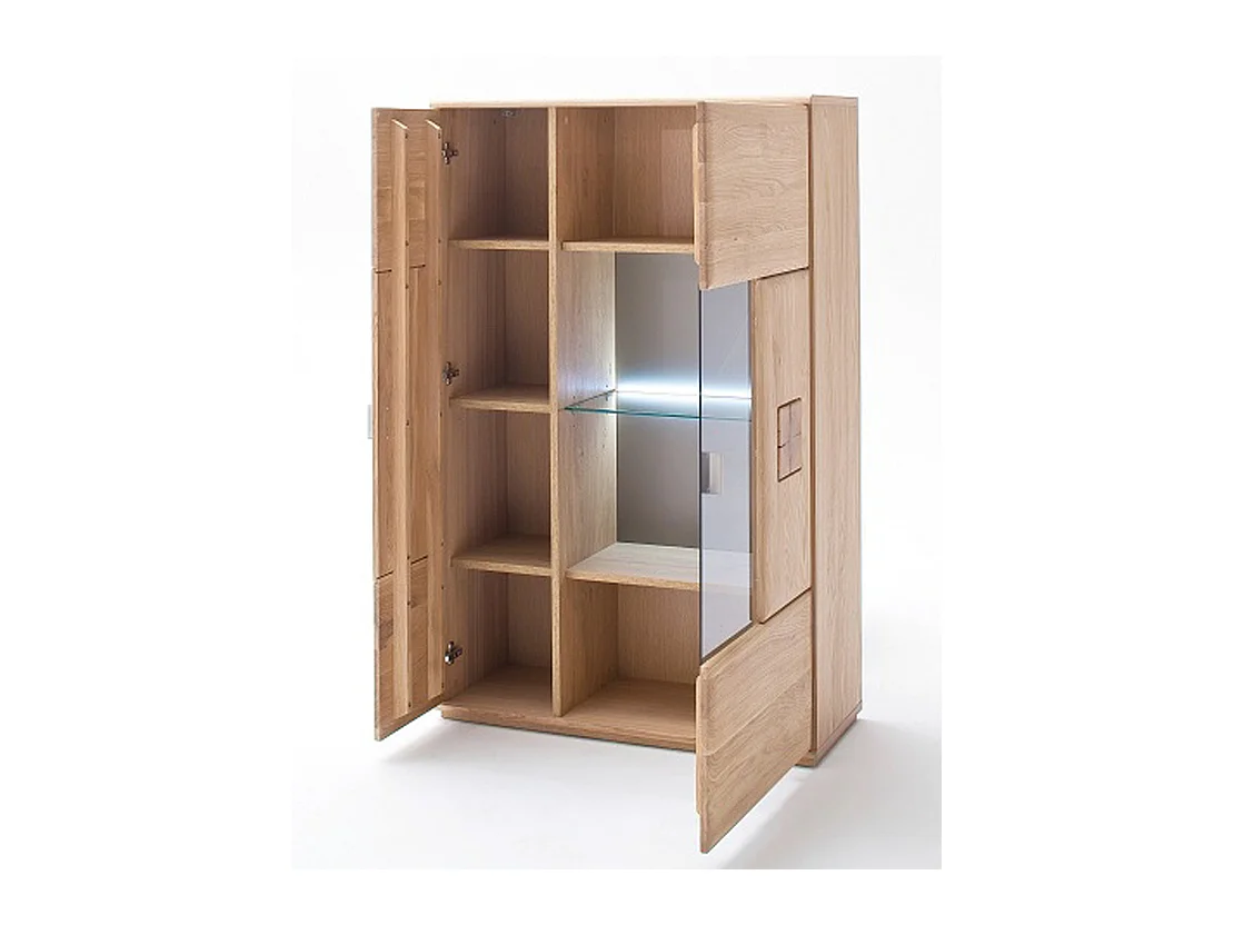 Buffet haut / Vaisselier droite en chêne bianco massif + LED - L.90 x H.141 x P.38 cm