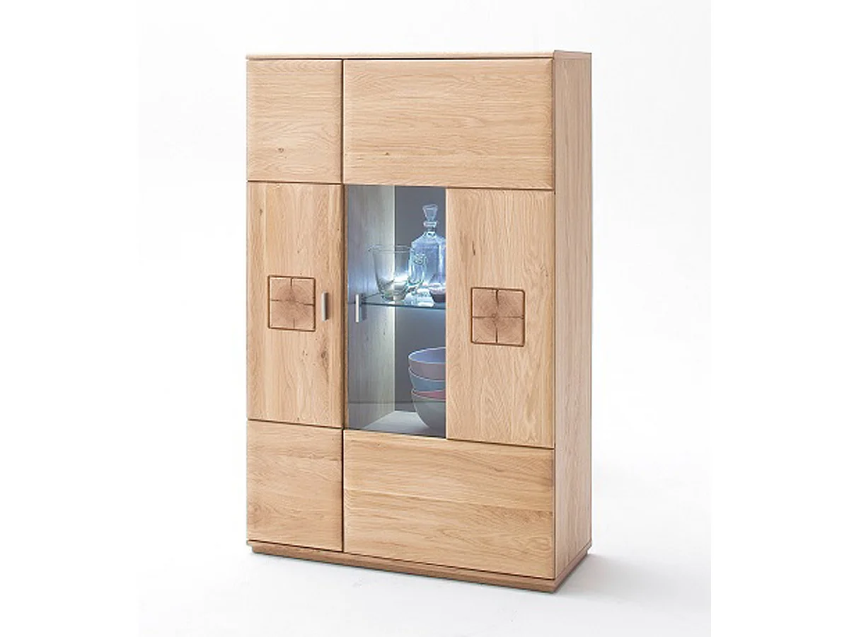 Buffet haut / Vaisselier droite en chêne bianco massif + LED - L.90 x H.141 x P.38 cm