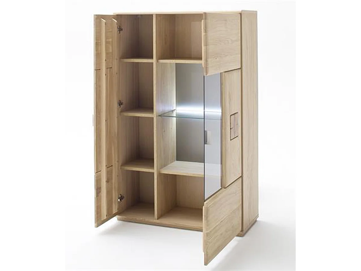 Buffet haut / Vaisselier droite en chêne bianco massif + LED - L.90 x H.141 x P.38 cm