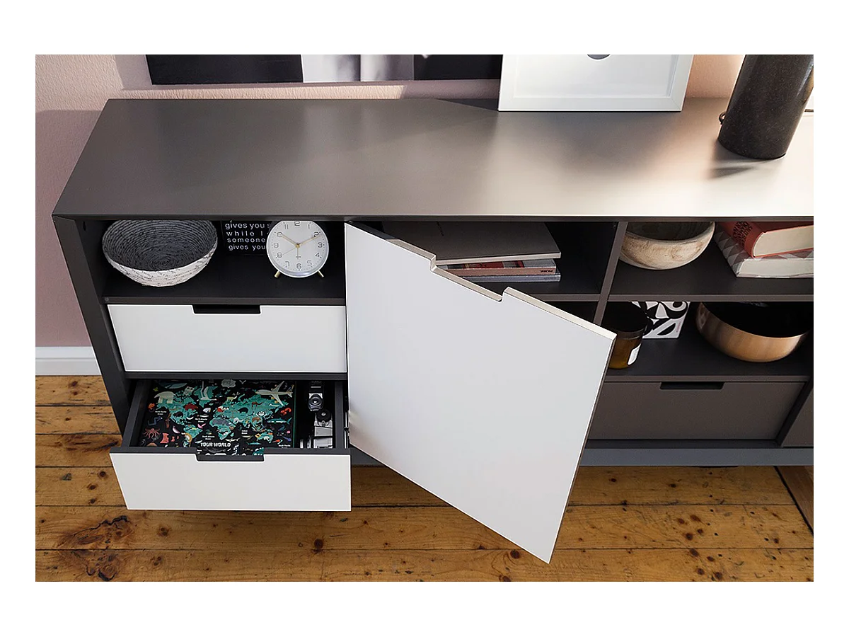 Vaisselier finition laquée gris mat et blanc - Longueur 137 x Hauteur 92 x Profondeur 40 cm