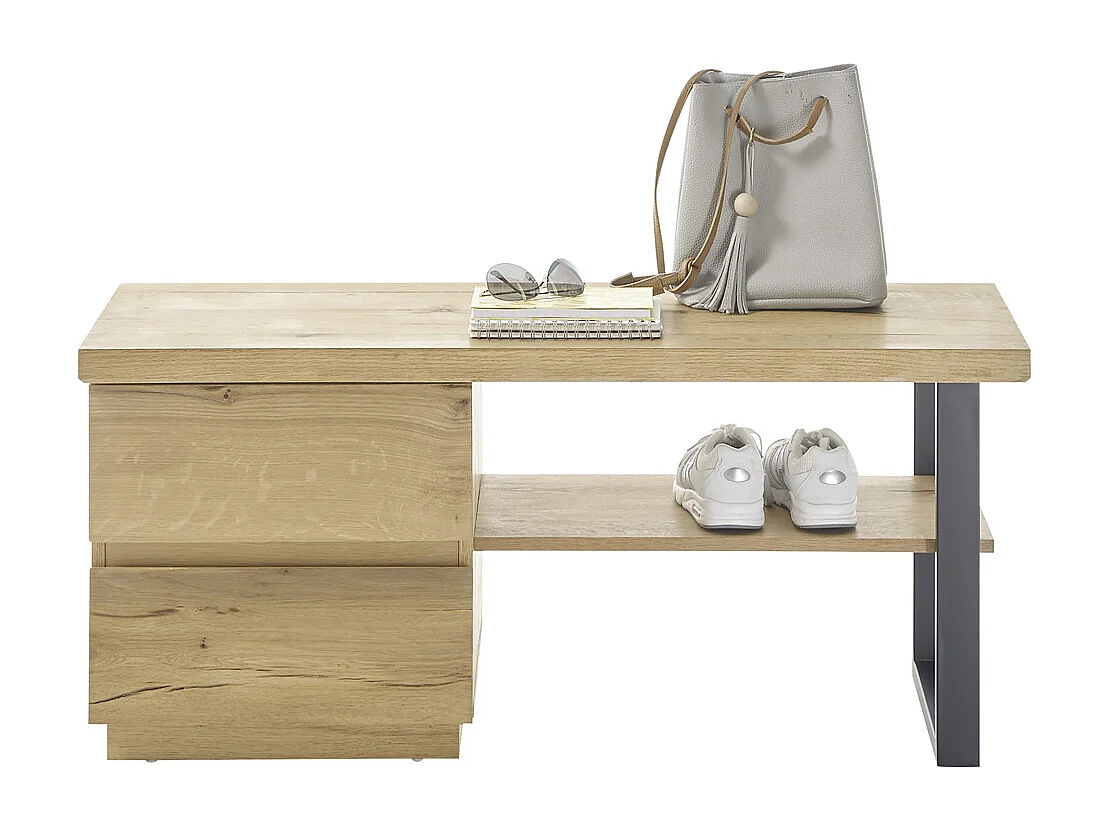 Banc de vestiaire avec 2 tiroirs coloris chêne / noir - Longueur 108 x hauteur 47 x profondeur 41 cm