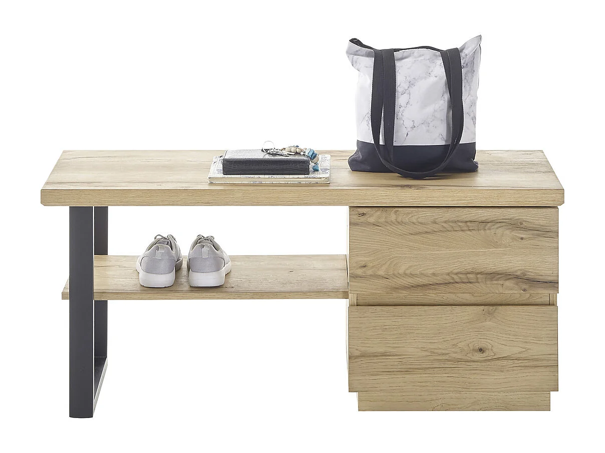 Banc de vestiaire avec 2 tiroirs coloris chêne / noir - Longueur 108 x hauteur 47 x profondeur 41 cm