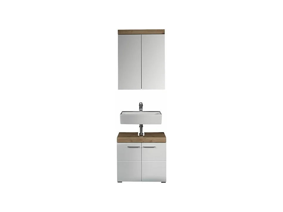 Ensemble meuble de salle de bain avec miroir 2 pièces laqué blanc chêne noueux Kelia