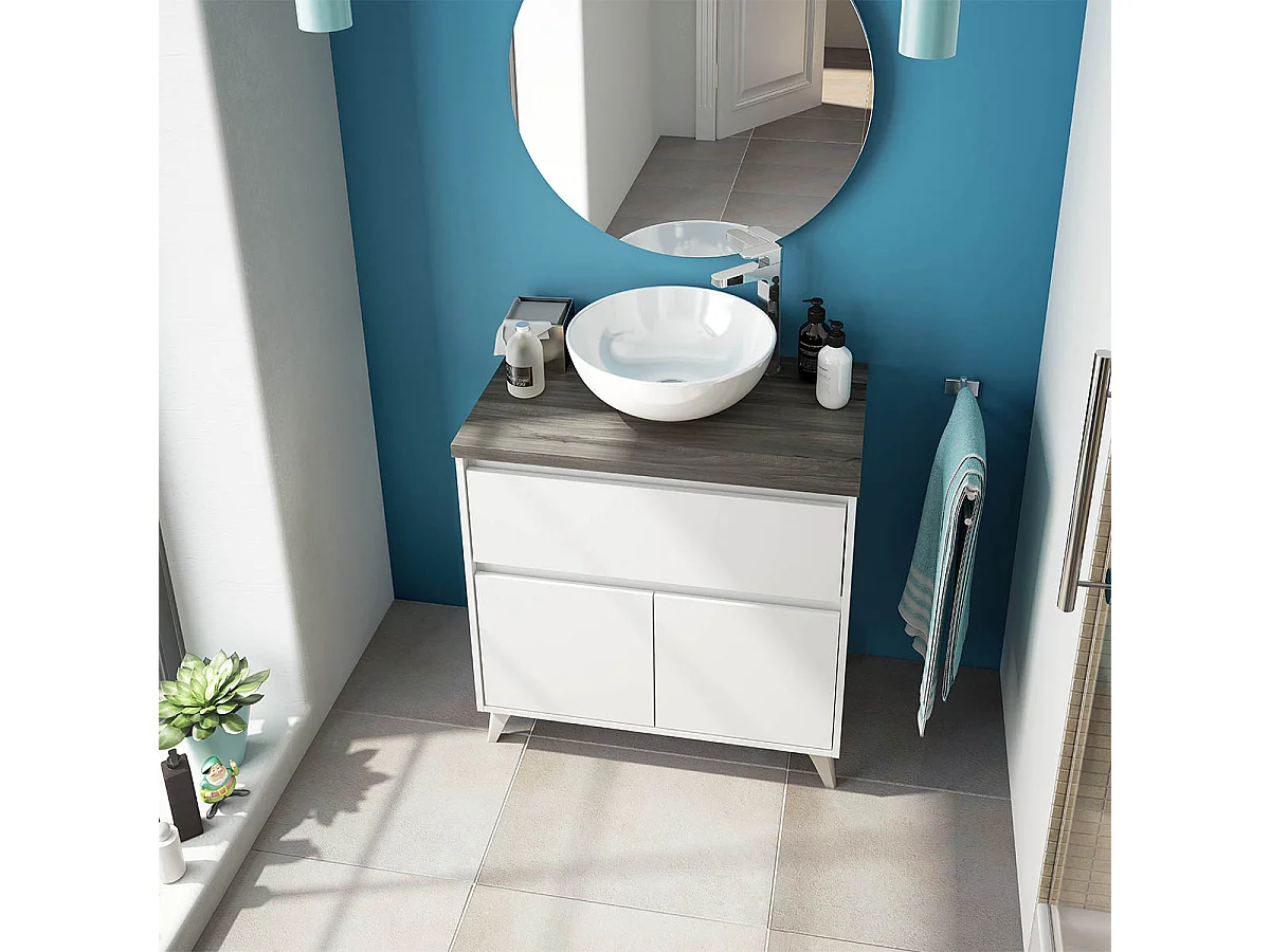 Mobile Bagno 80 Cm con Lavabo Appoggio in Ceramica Bianco/rovere Matilde - 305732BO