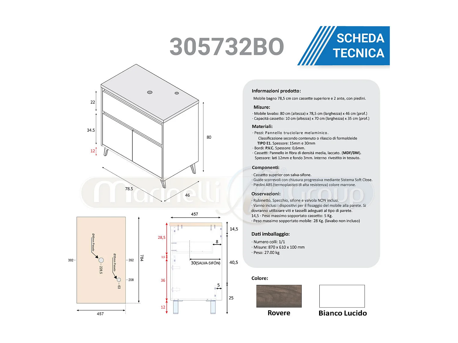 Mobile Bagno 80 Cm con Lavabo Appoggio in Ceramica Bianco/rovere Matilde - 305732BO