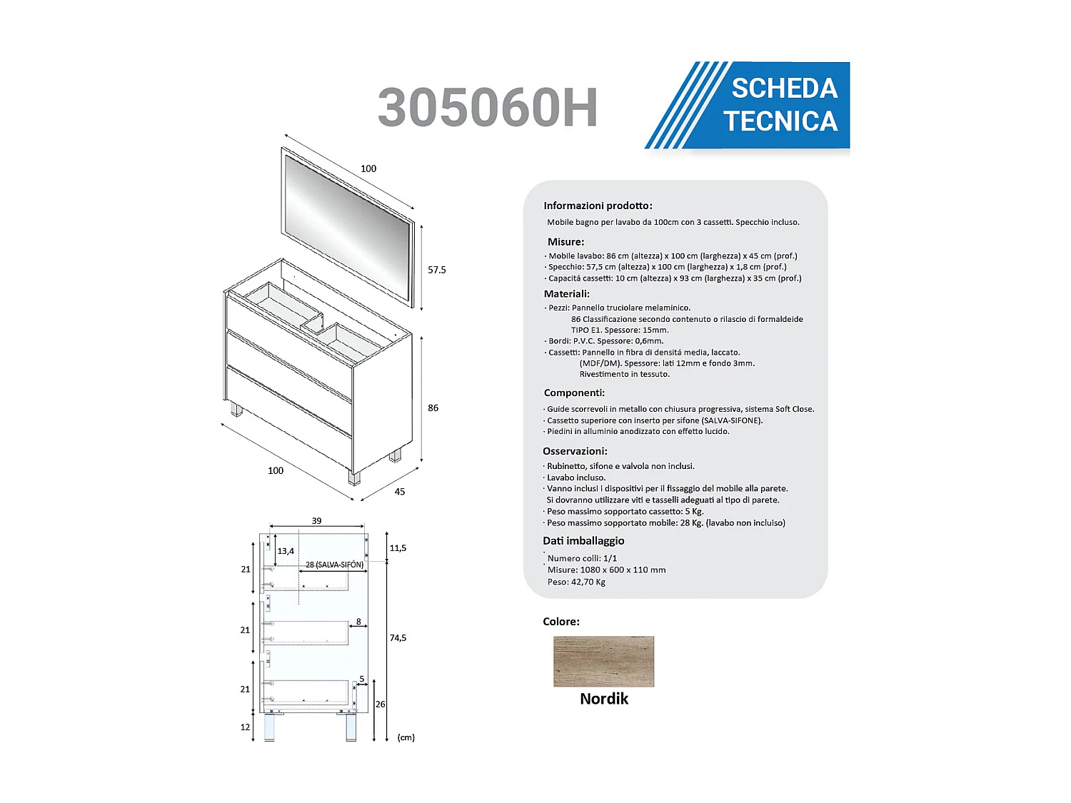 Mobile bagno a terra da 100 cm con tre cassetti 305060H