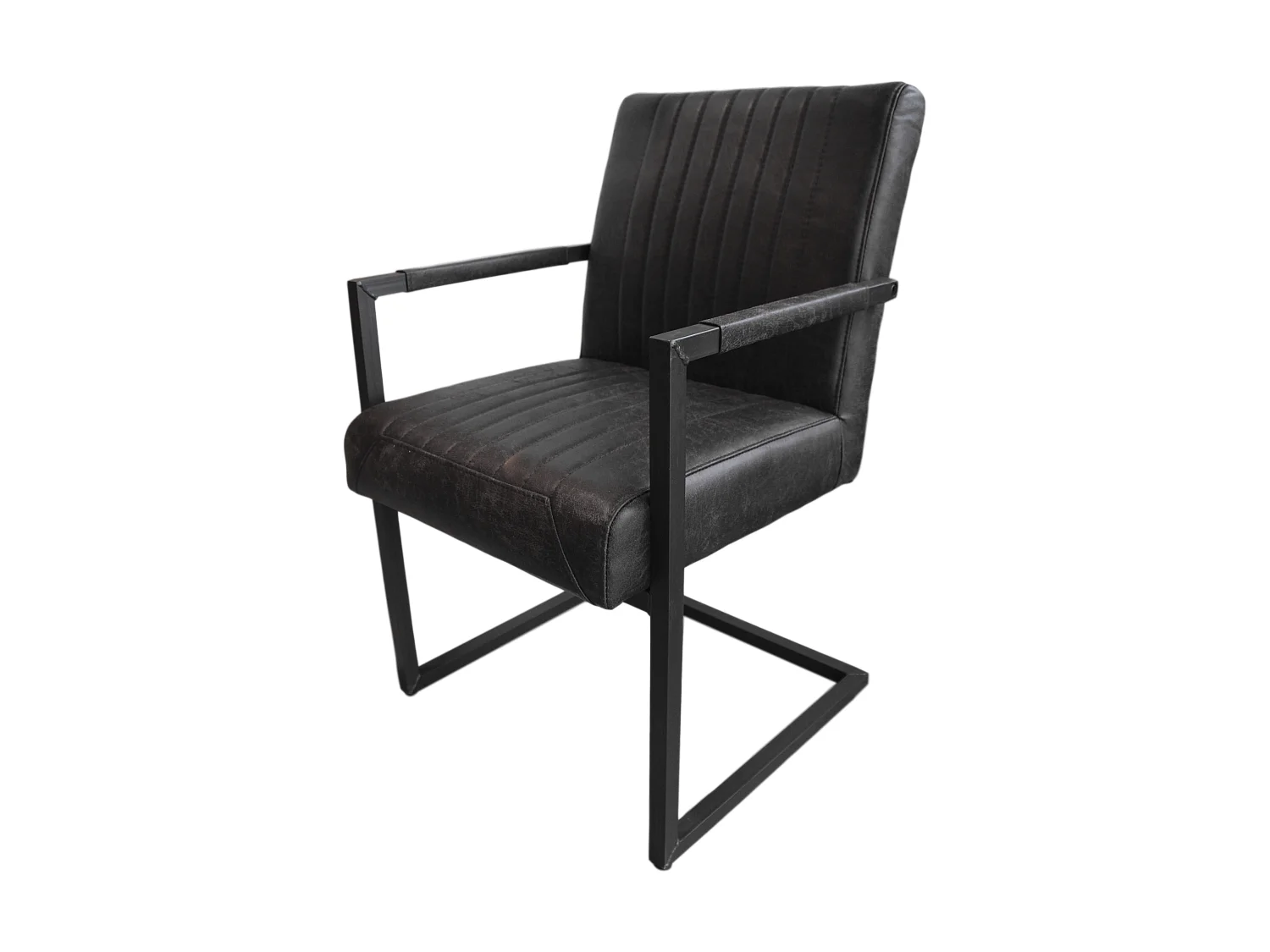 Sillón de comedor en piel gris y metal negro 55 x 50 x 85