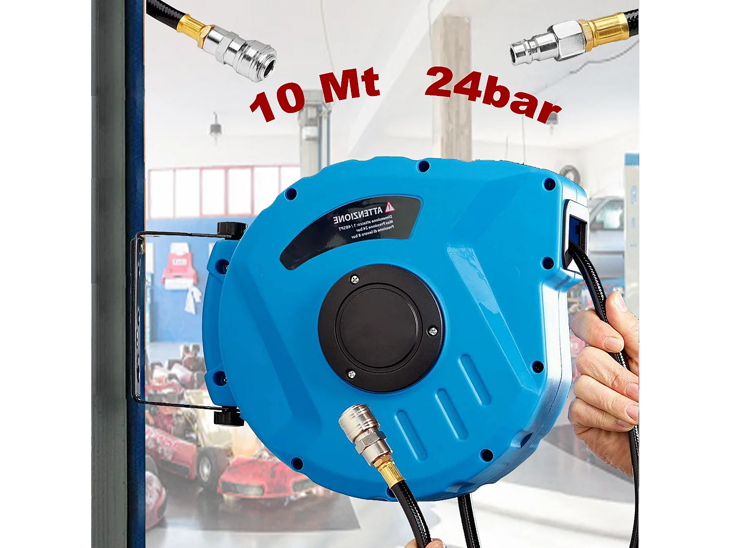 Avvolgitubo Aria Compressa Con Tubo Professionale Attacco 1/4" Fissaggio Parete Muro Sistema Blocco Automatico Riavvolgitore Compressore 24 Bar (10 + 1 Mt)