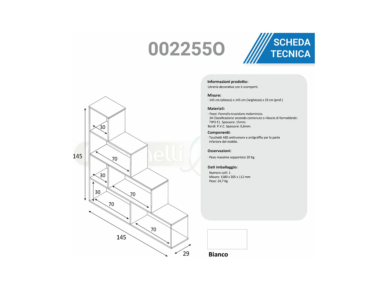 Libreria scaffale multiuso BIANCA con ripiani 145 X 29 X 145 cm salone studio camera - 002255BO