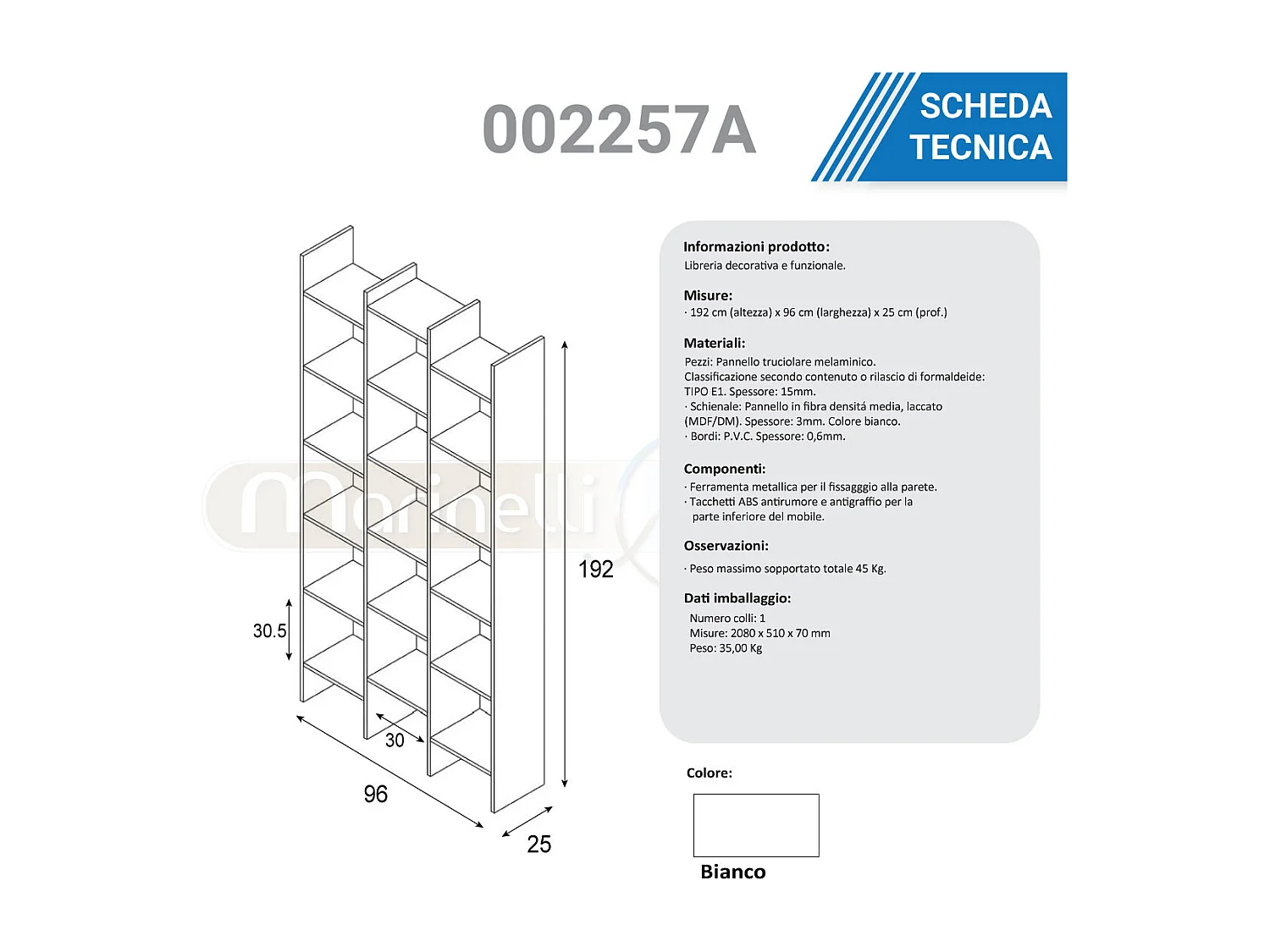 Libreria scaffale multiuso BIANCA con ripiani 96 X 25 X 192 cm salone studio camera - 002257A