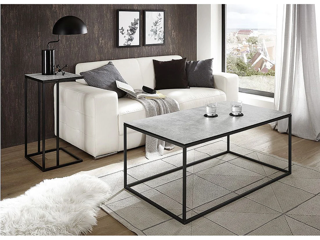 Table d'appoint en céramique coloris gris et métal noir - Longueur 40 x Hauteur 70 x Profondeur 35 cm