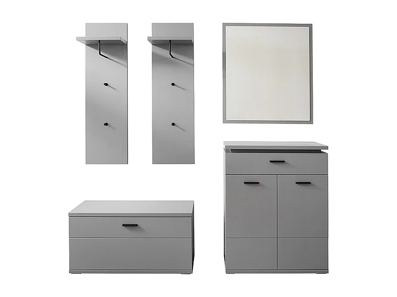 Ensemble d'entrée, armoire + banc de vestiaire + panneau d'armoire + commode + miroir coloris gris arctique