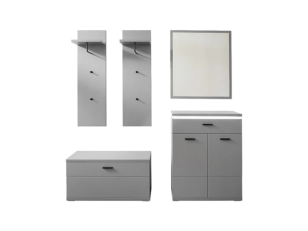 Ensemble d'entrée, armoire + banc de vestiaire + panneau d'armoire + commode + miroir coloris gris arctique