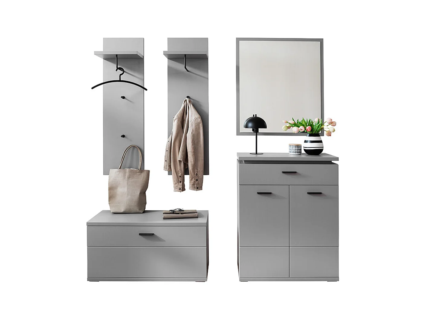 Ensemble d'entrée, armoire + banc de vestiaire + panneau d'armoire + commode + miroir coloris gris arctique