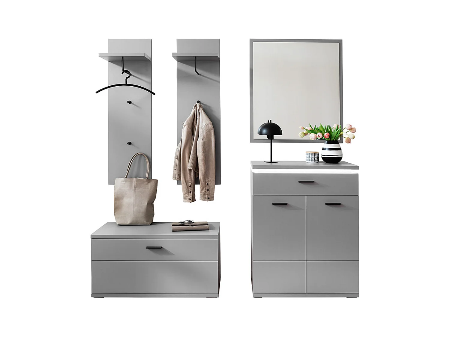 Ensemble d'entrée, armoire + banc de vestiaire + panneau d'armoire + commode + miroir coloris gris arctique