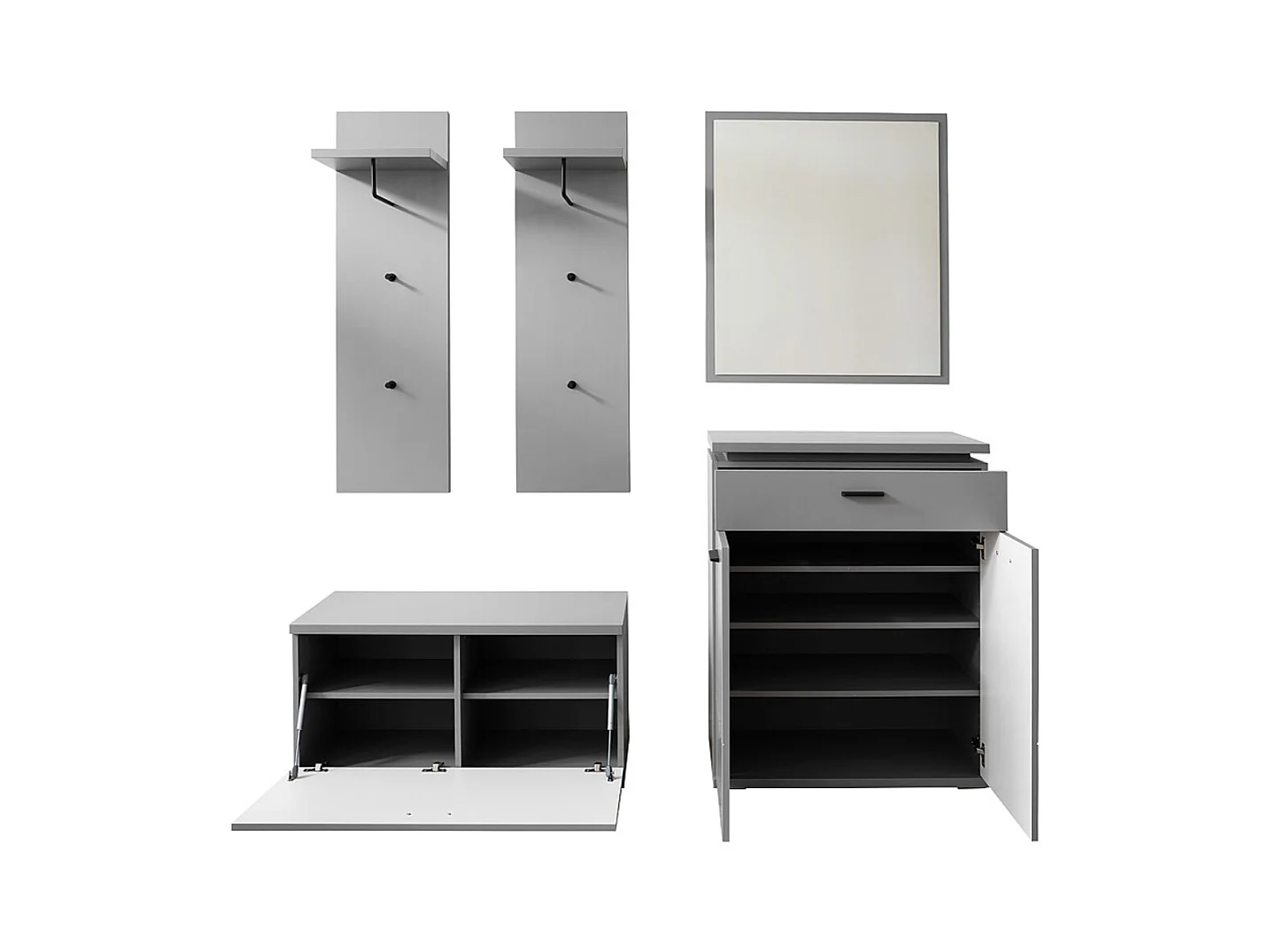 Ensemble d'entrée, armoire + banc de vestiaire + panneau d'armoire + commode + miroir coloris gris arctique