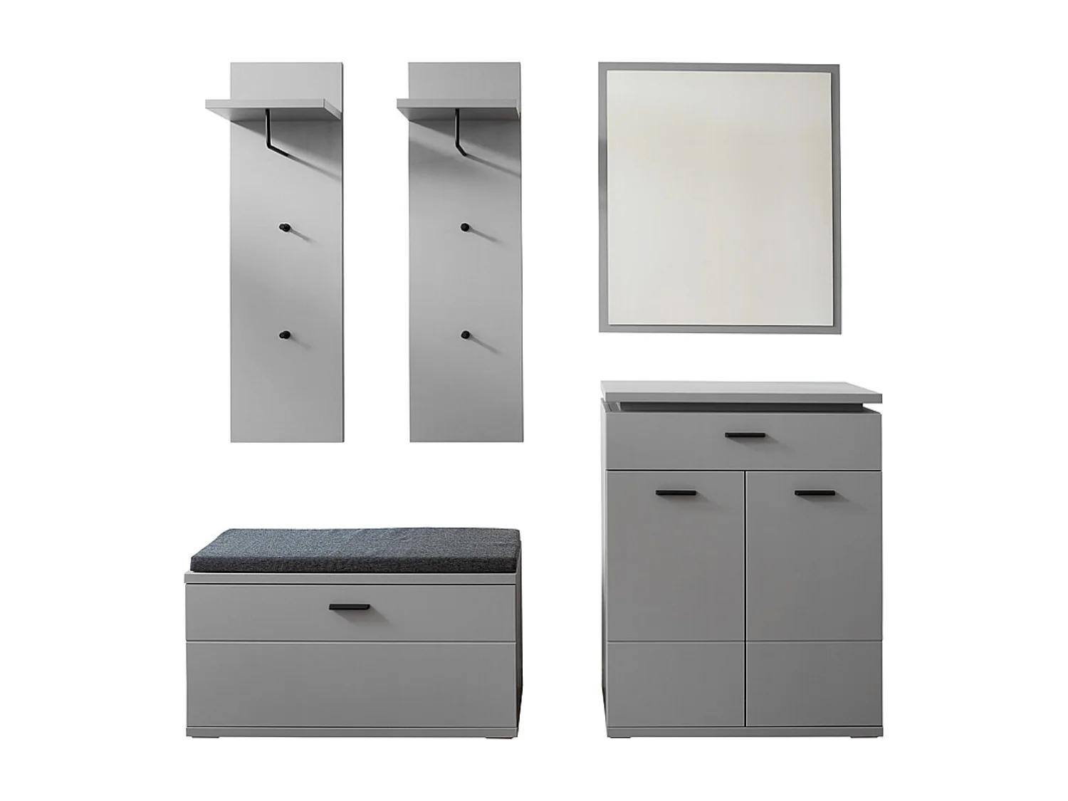 Ensemble d'entrée, armoire + banc de vestiaire + panneau d'armoire + commode + miroir coloris gris arctique