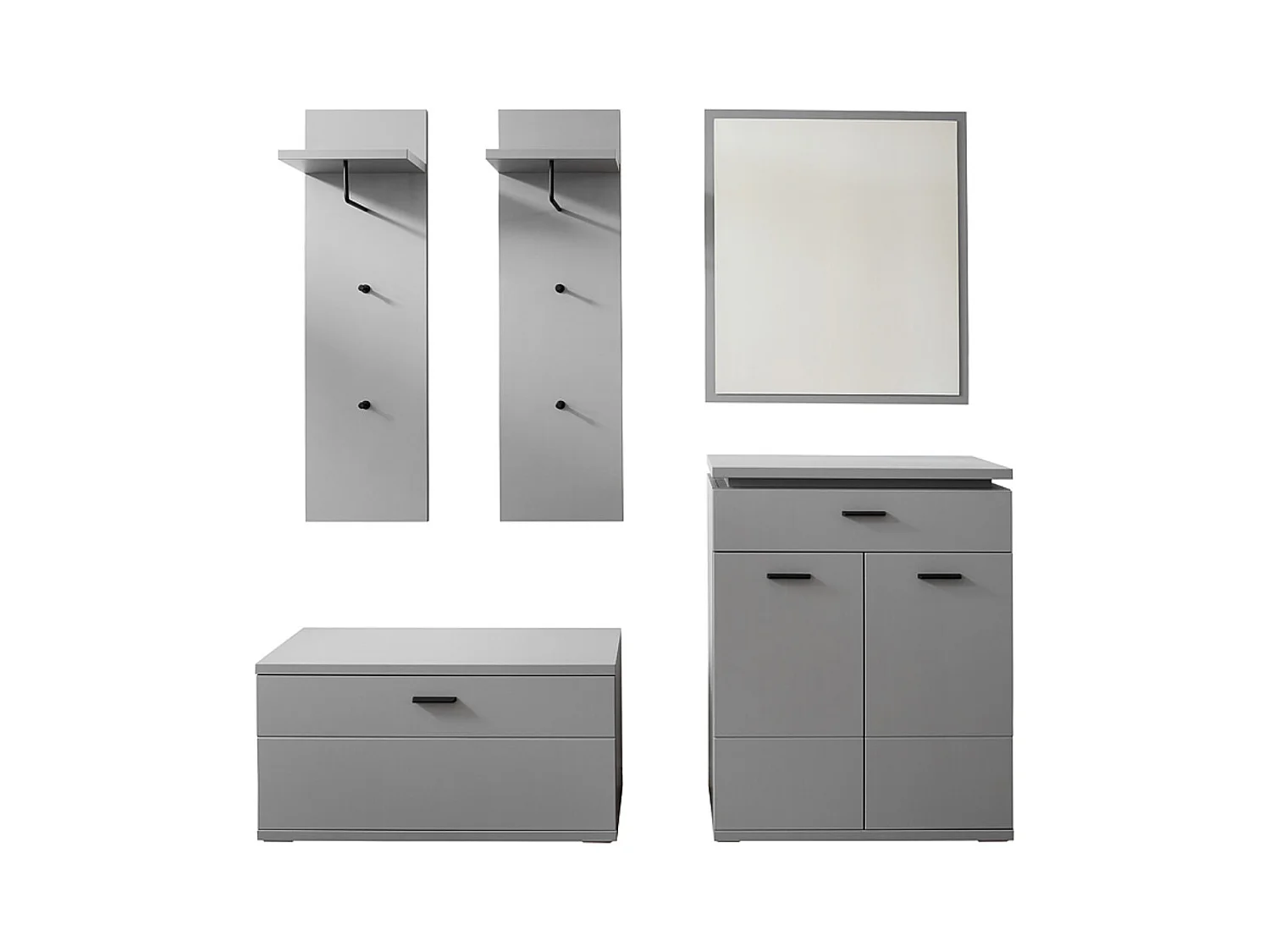 Ensemble d'entrée, armoire + banc de vestiaire + panneau d'armoire + commode + miroir coloris gris arctique