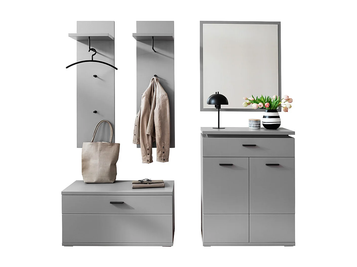 Ensemble d'entrée, armoire + banc de vestiaire + panneau d'armoire + commode + miroir coloris gris arctique